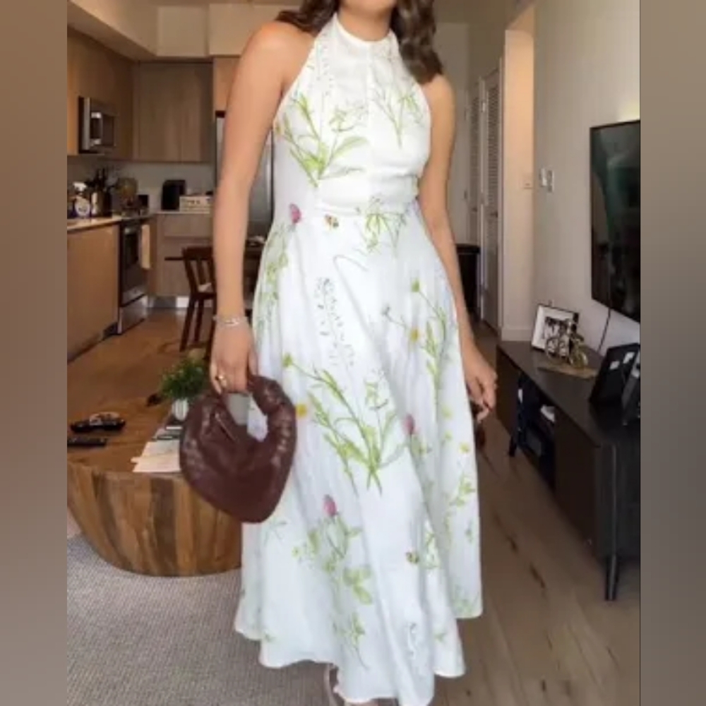 H&m Flared Halterneck Maxi Dress White Floral BNWT